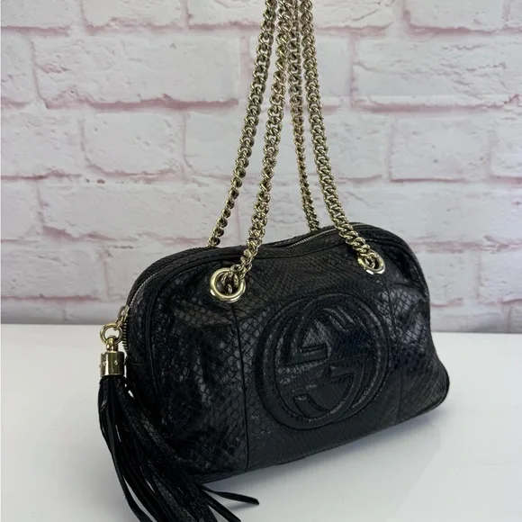 Gucci RARE Black Python SoHo Chain Tassel Shoulder Bag - Picture 2 of 16
